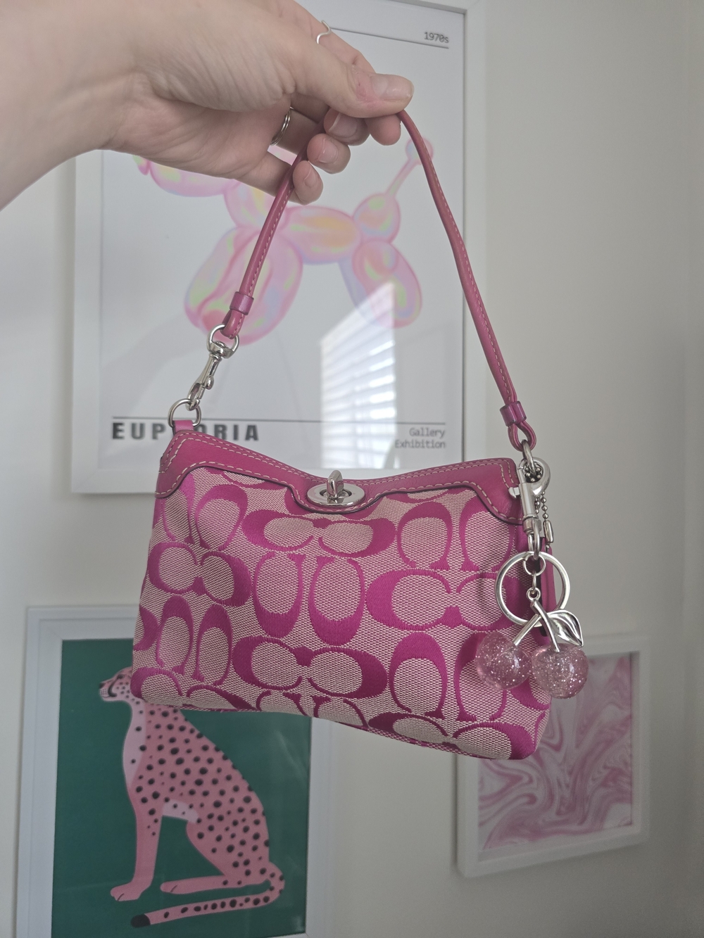 Coach Y2k Pink Mini Turnlock Bag W/Cherry Charm Rare